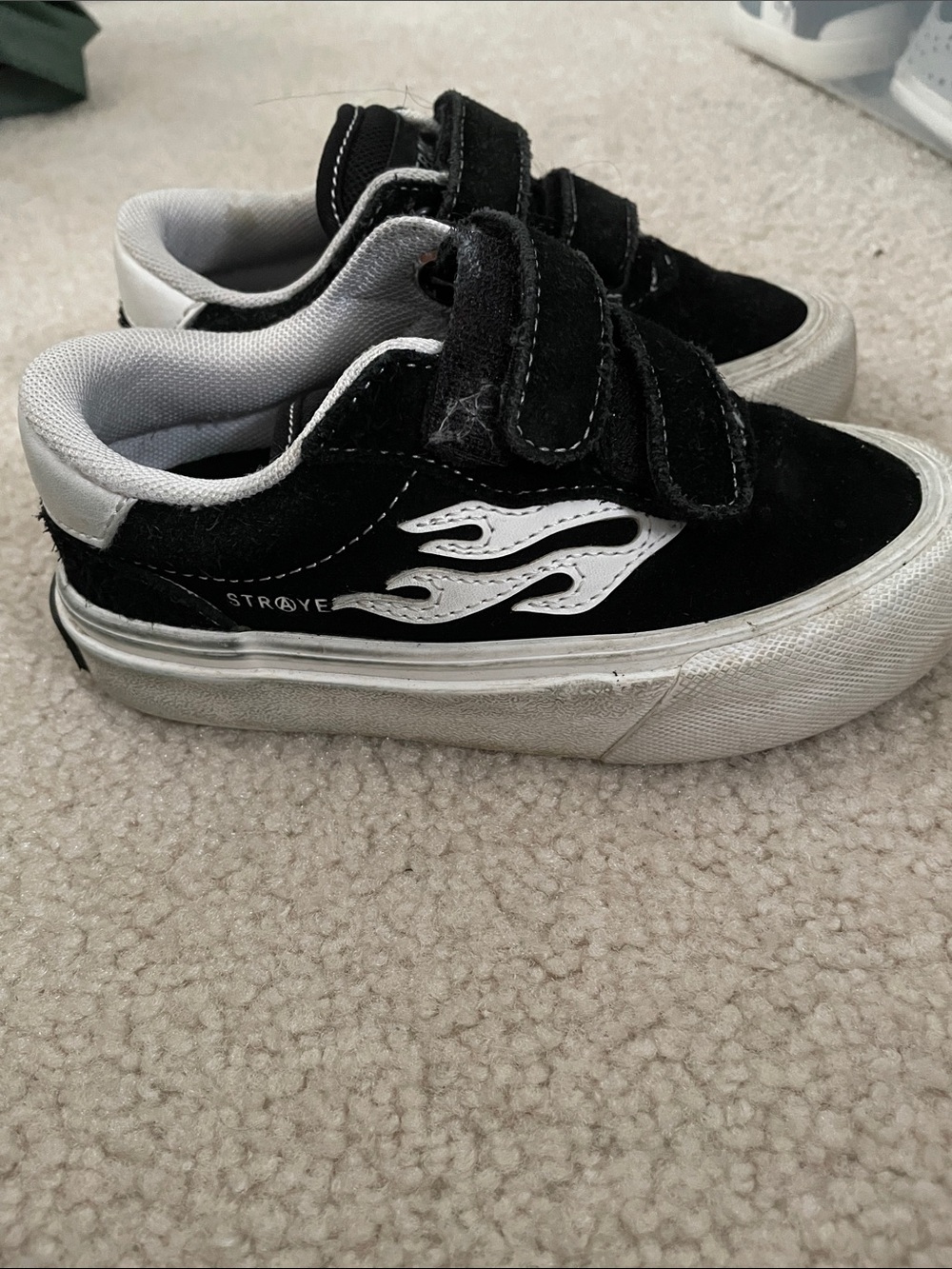 Kids Black Suede Velcro Sneakers with White Flame Accent